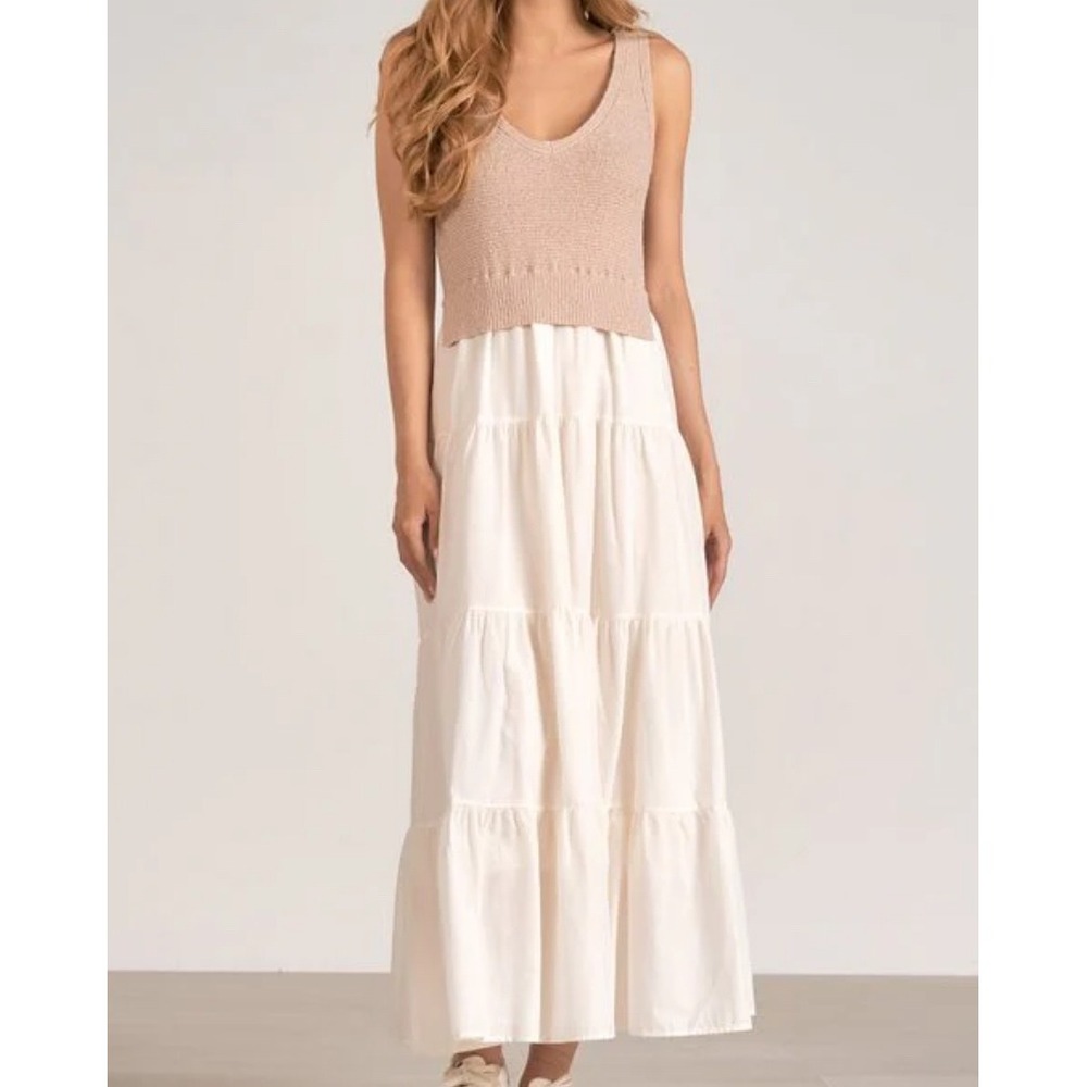 Elan Cream Tiered Maxi Dress with Blush Knit Bodice